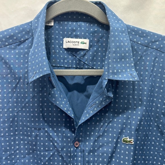 Lacoste Slim Fit Blue Patterned Long Sleeve Button Down Shirt Mens Size XL FR 6 - Picture 3 of 7